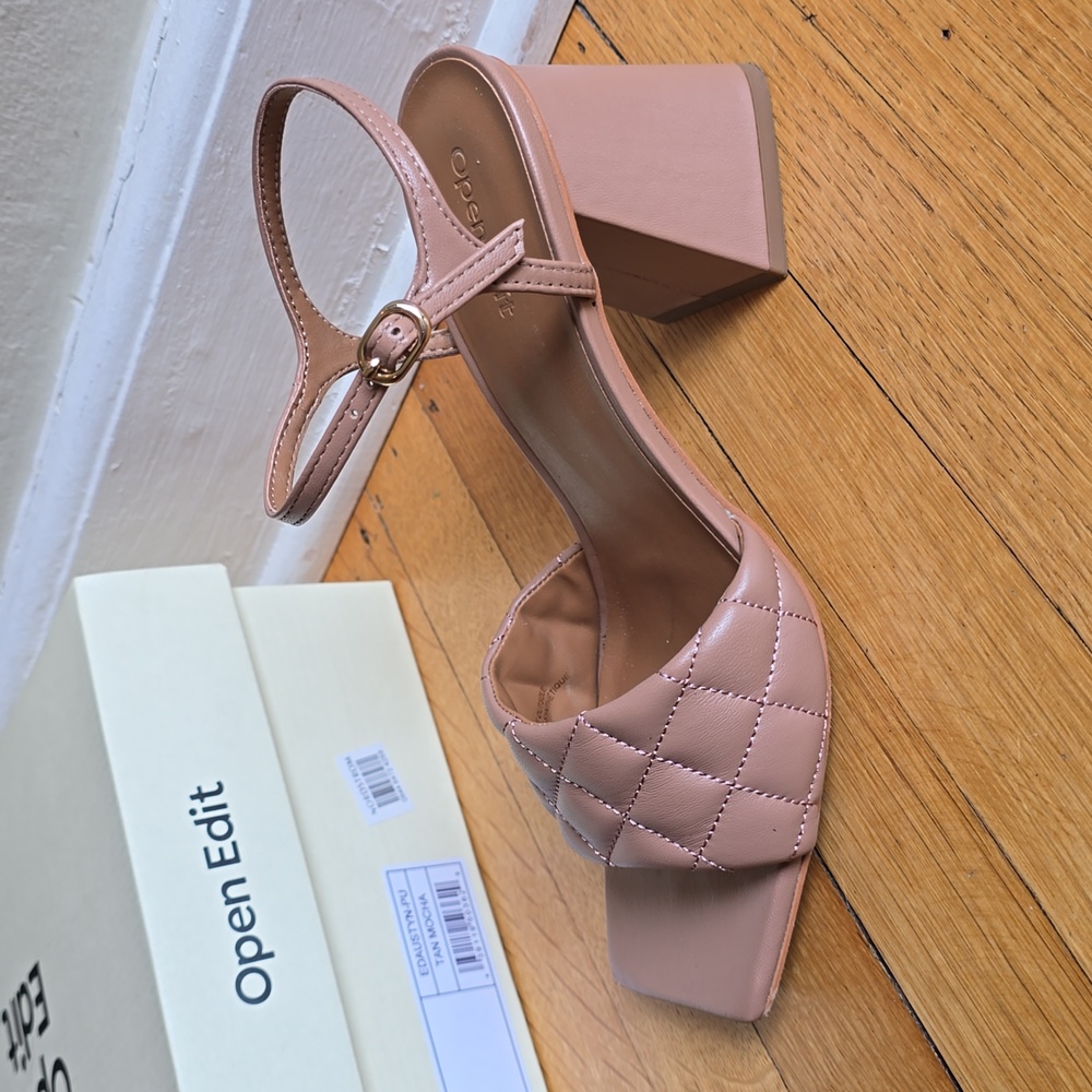 Open Edit, Quilted Square Toe Block Heel Sandals, Tan Mocha, EUC, Women's 8M - Picture 7 of 15